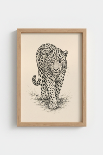 Leopard Sketch Wall Art Print | Black and White Animal Drawing, Living Room Decor