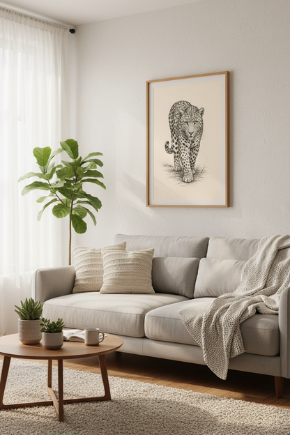 Leopard Sketch Wall Art Print | Black and White Animal Drawing, Living Room Decor