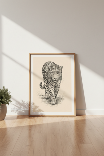 Leopard Sketch Wall Art Print | Black and White Animal Drawing, Living Room Decor