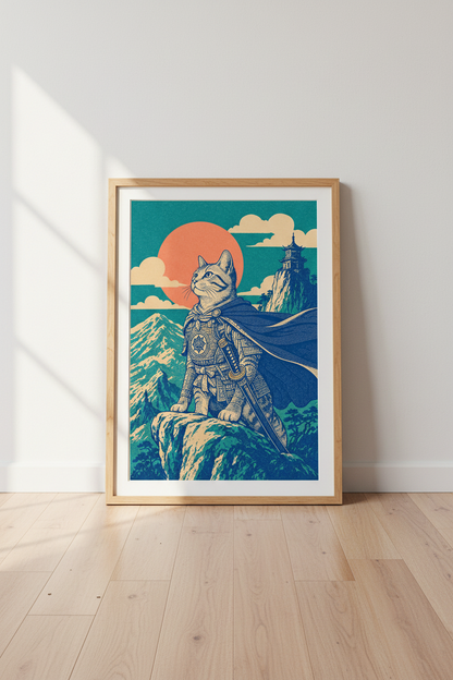 Samurai Cat Wall Art | Japanese Ukiyo-e Style Poster | Living Room Decor