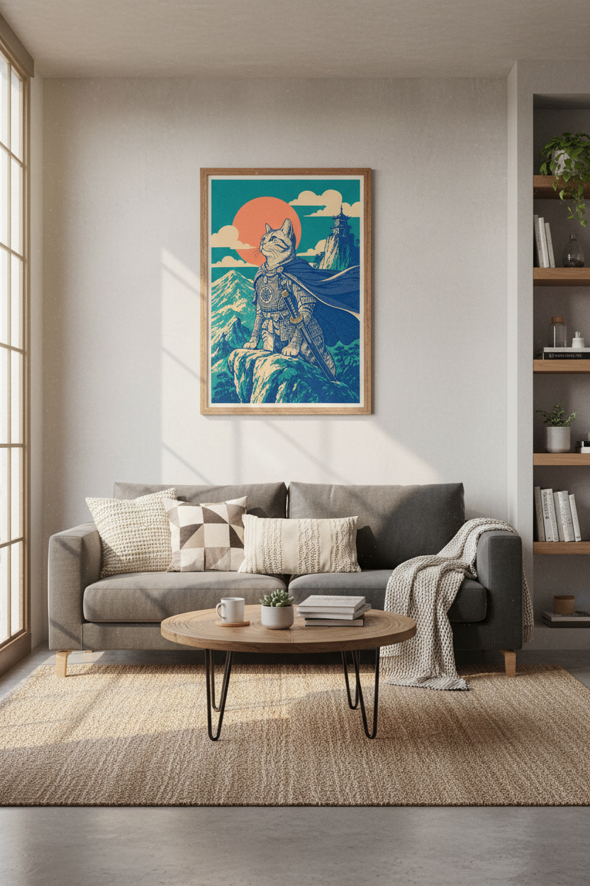 Samurai Cat Wall Art | Japanese Ukiyo-e Style Poster | Living Room Decor