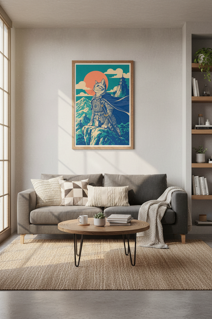 Samurai Cat Wall Art | Japanese Ukiyo-e Style Poster | Living Room Decor