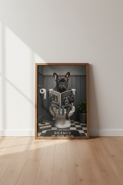 French Bulldog on Toilet Wall Art | Funny Dog Bathroom Decor | Mood Poster