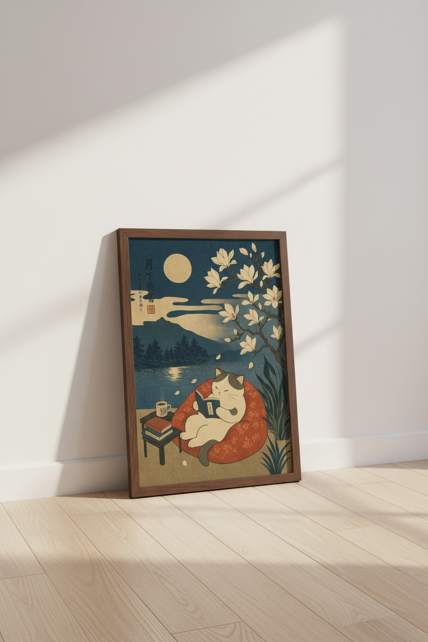 Japanese Reading Cat Wall Art | Ukiyo-e Moonlit Night Poster | Cozy Library Decor