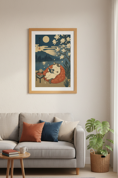 Japanese Reading Cat Wall Art | Ukiyo-e Moonlit Night Poster | Cozy Library Decor