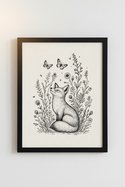 Fox &amp; Wildflowers Wall Art | Black Ink Sketch, Nursery &amp; Bedroom Decor | Whimsical Poster
