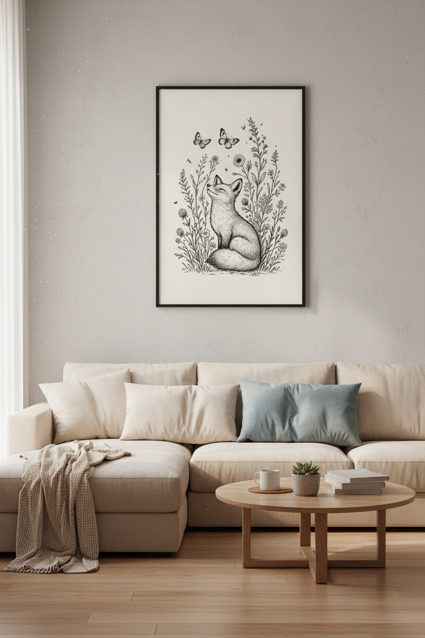 Fox &amp; Wildflowers Wall Art | Black Ink Sketch, Nursery &amp; Bedroom Decor | Whimsical Poster