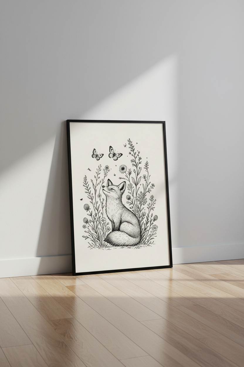 Fox &amp; Wildflowers Wall Art | Black Ink Sketch, Nursery &amp; Bedroom Decor | Whimsical Poster