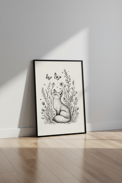 Fox &amp; Wildflowers Wall Art | Black Ink Sketch, Nursery &amp; Bedroom Decor | Whimsical Poster
