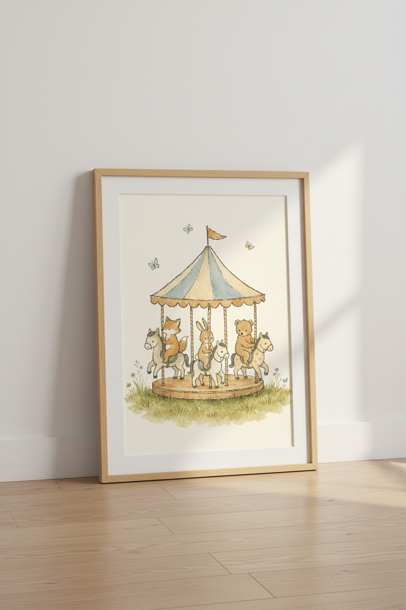 Woodland Carousel Watercolor Animal Wall Art | Nursery Decor | Storybook Poster