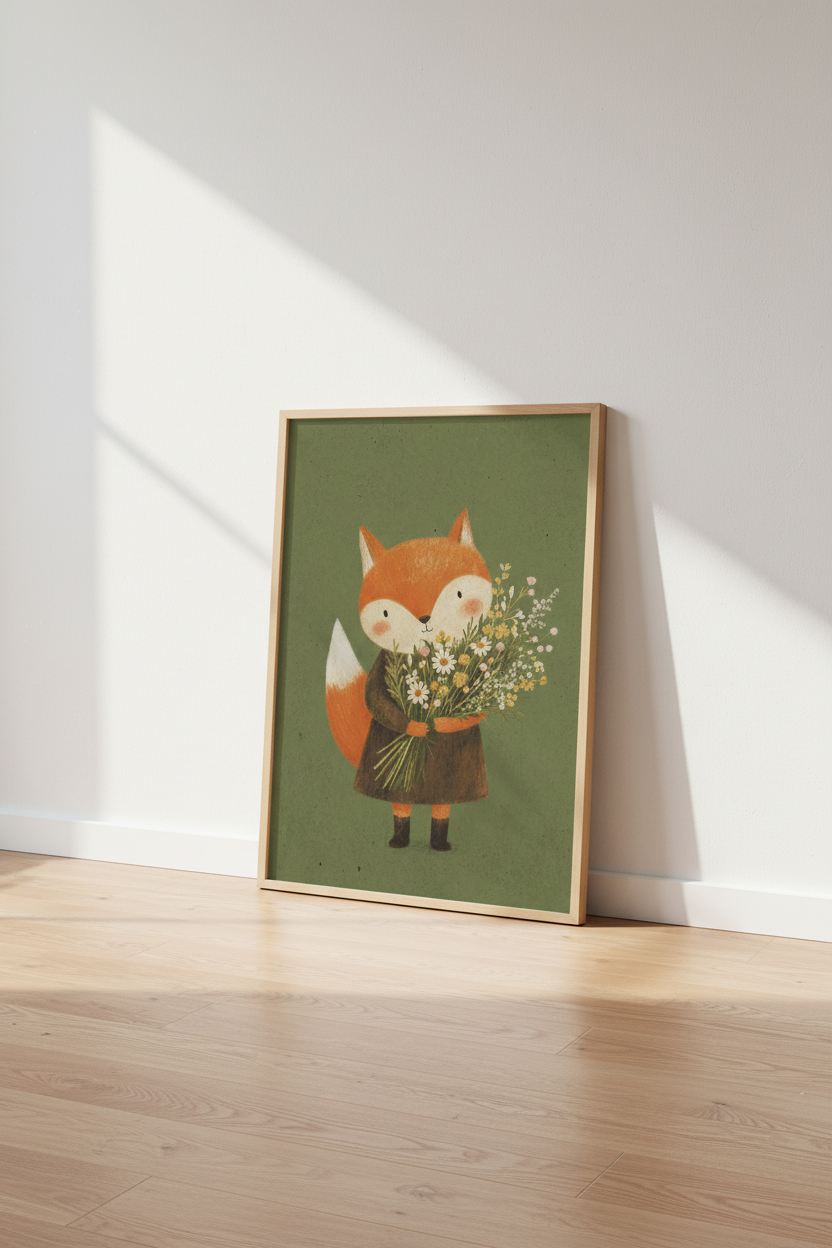 Cute Fox with Flowers Wall Art | Woodland Nursery Decor | Whimsical Forest Poster