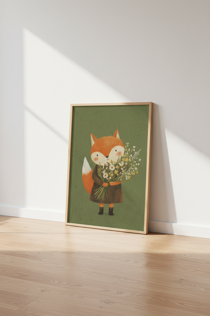 Cute Fox with Flowers Wall Art | Woodland Nursery Decor | Whimsical Forest Poster