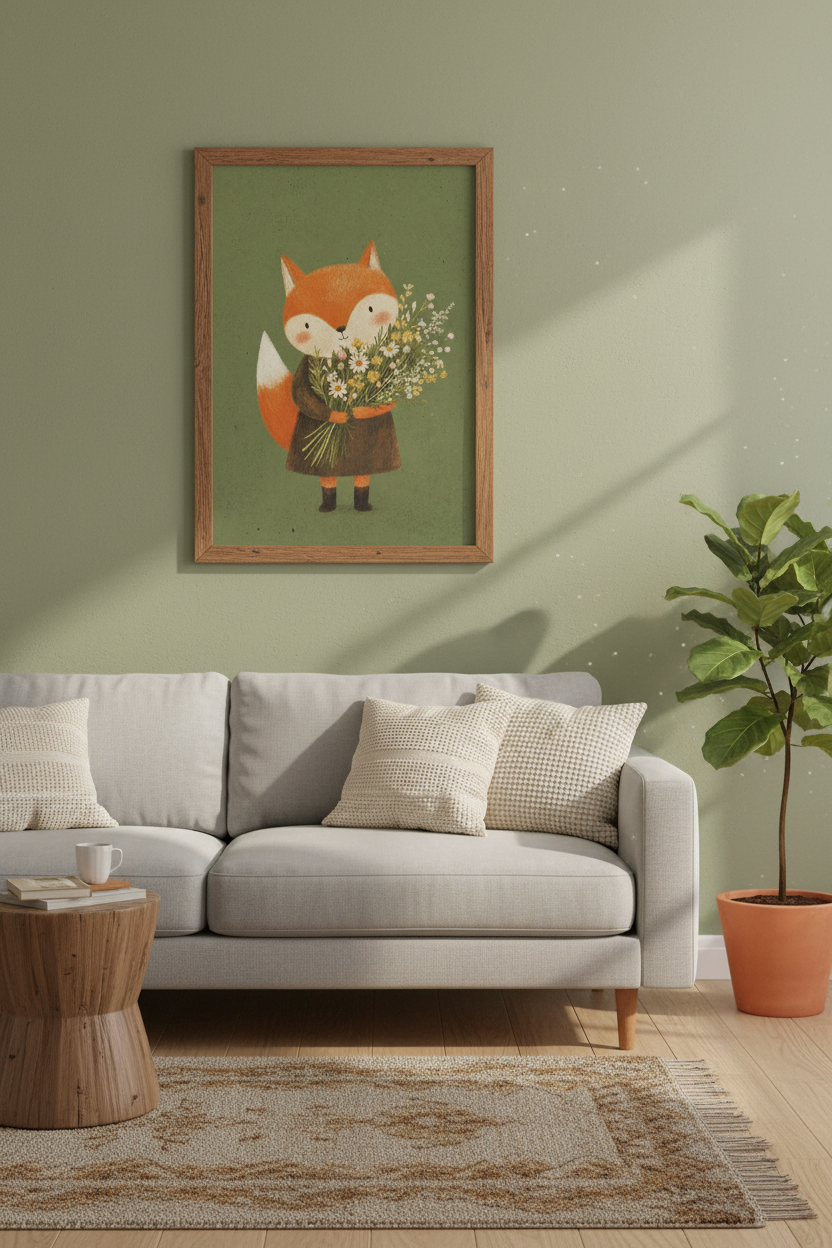 Cute Fox with Flowers Wall Art | Woodland Nursery Decor | Whimsical Forest Poster