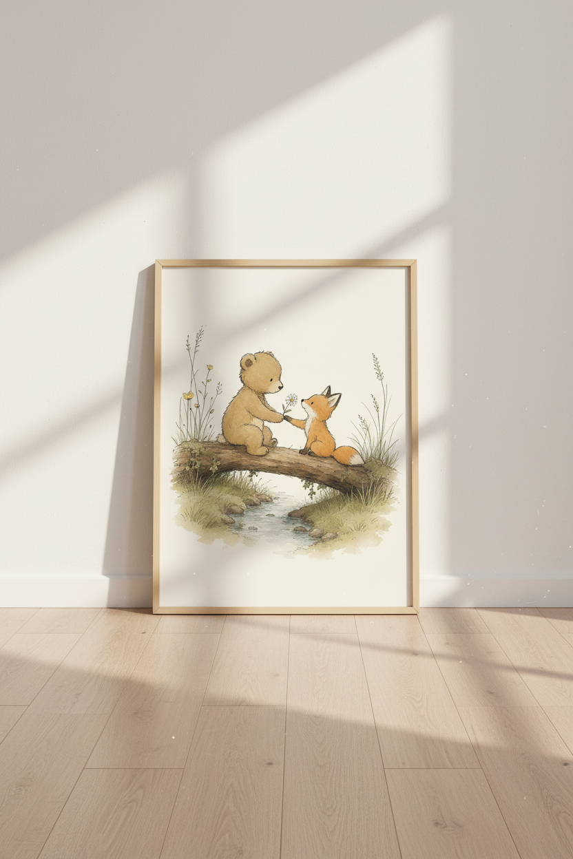Bear and Fox Friendship Wall Art | Nursery Decor | Woodland Watercolor Poster