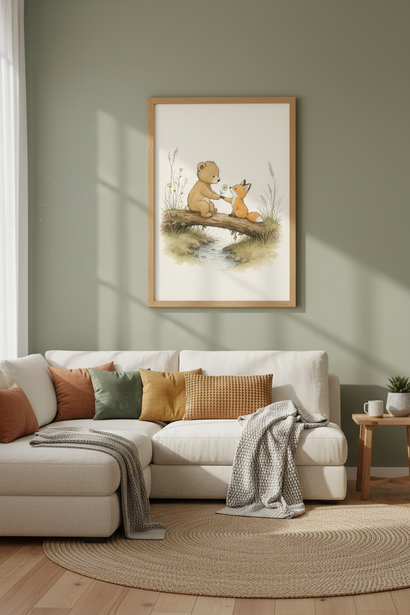 Bear and Fox Friendship Wall Art | Nursery Decor | Woodland Watercolor Poster