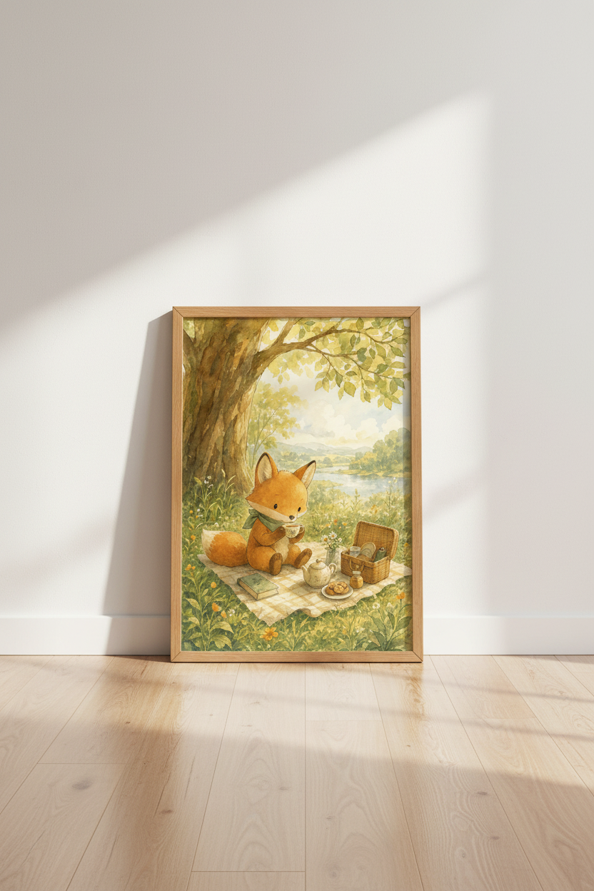 Watercolor Fox Tea Party Wall Art | Woodland Nursery Decor | Cottagecore Poster