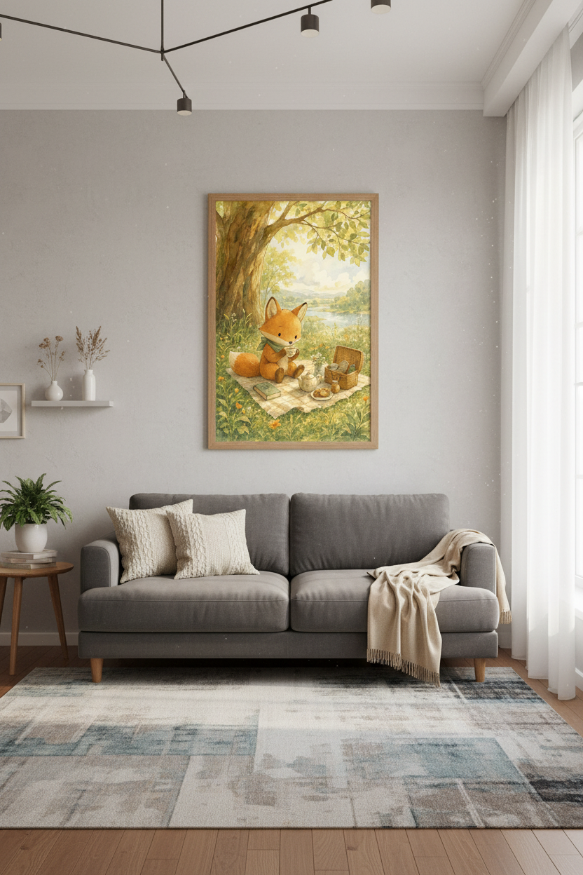 Watercolor Fox Tea Party Wall Art | Woodland Nursery Decor | Cottagecore Poster