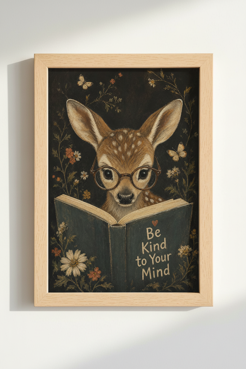 Whimsical Woodland Wall Art | Deer Reading Poster, Dark Academia Home Decor