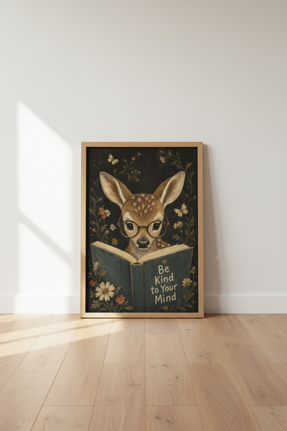 Whimsical Woodland Wall Art | Deer Reading Poster, Dark Academia Home Decor