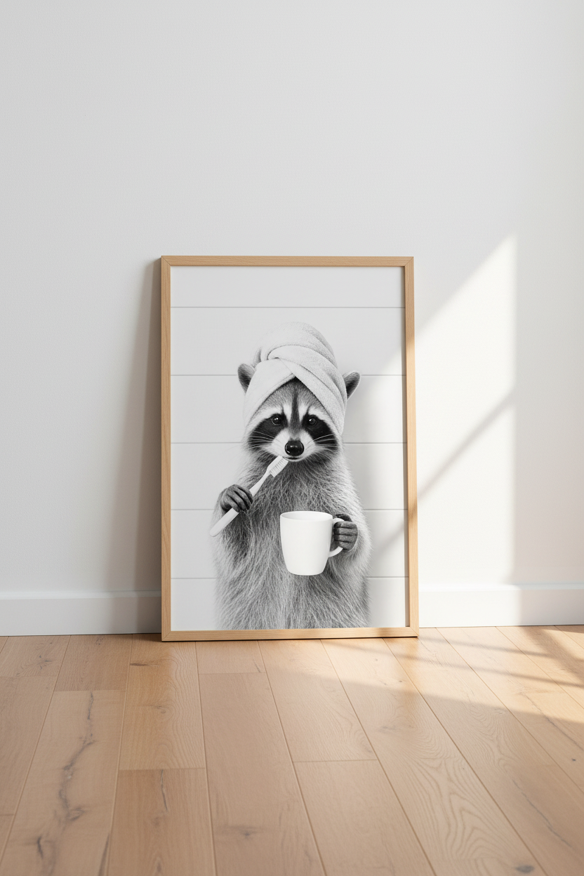 Funny Raccoon Bathroom Wall Art Print | Black &amp; White Decor | Minimalist Poster