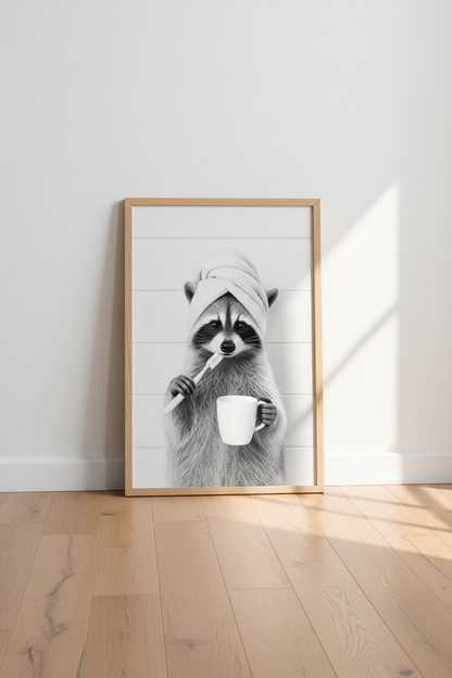 Funny Raccoon Bathroom Wall Art Print | Black &amp; White Decor | Minimalist Poster