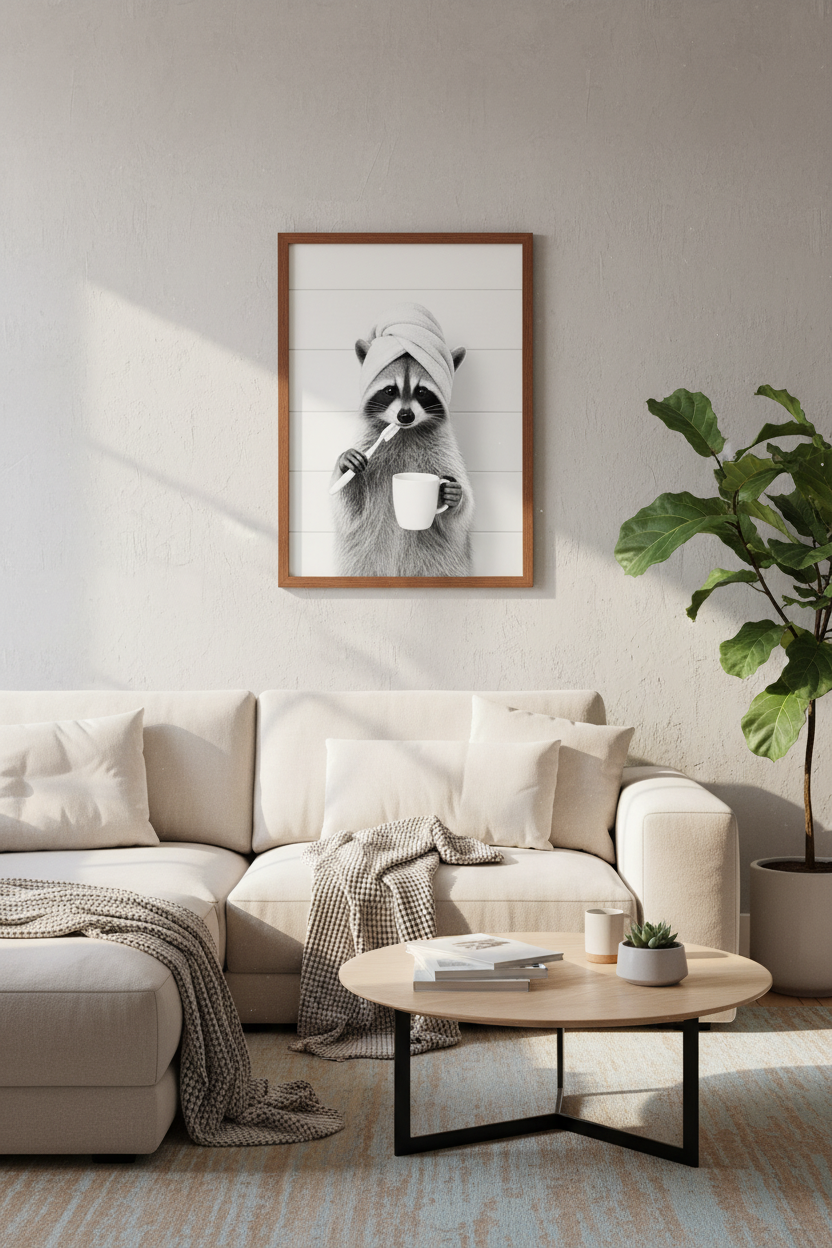 Funny Raccoon Bathroom Wall Art Print | Black &amp; White Decor | Minimalist Poster
