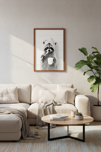 Funny Raccoon Bathroom Wall Art Print | Black &amp; White Decor | Minimalist Poster