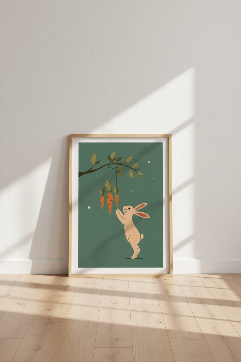 Whimsical Bunny &amp; Carrots Wall Art | Sage Green Nursery Decor | Minimalist Poster