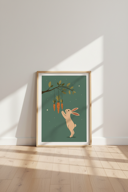 Whimsical Bunny &amp; Carrots Wall Art | Sage Green Nursery Decor | Minimalist Poster