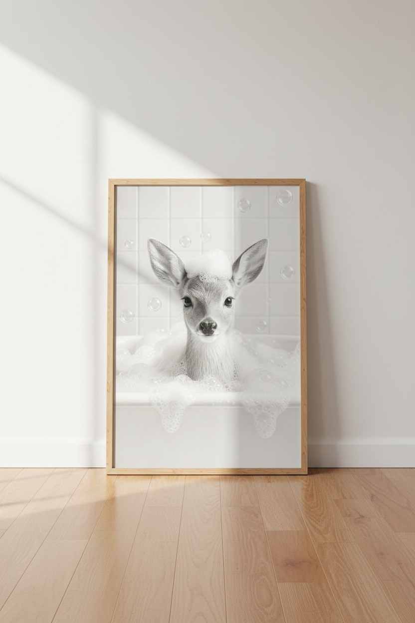 Baby Deer in Bathtub Wall Art | Black and White Fawn Poster | Nursery Bathroom Decor