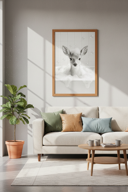 Baby Deer in Bathtub Wall Art | Black and White Fawn Poster | Nursery Bathroom Decor