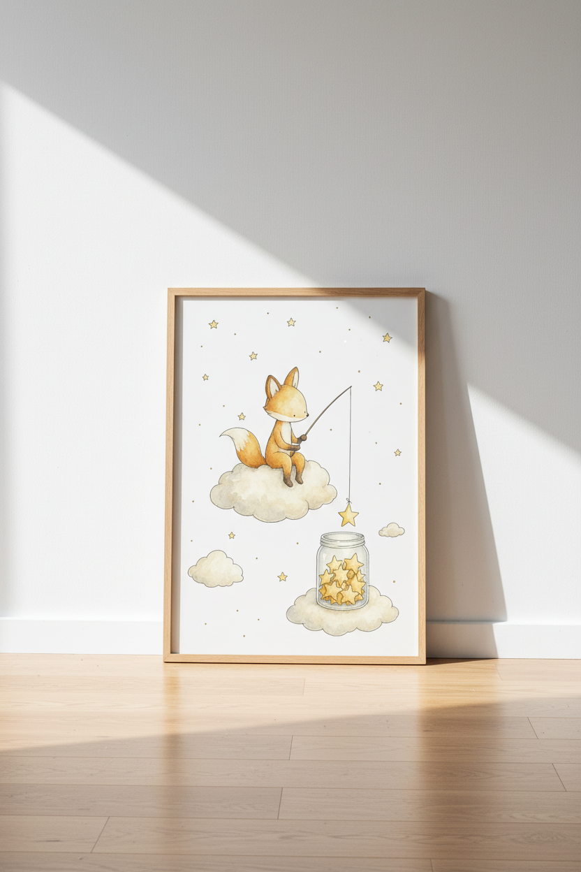 Fox Fishing for Stars Wall Art | Nursery Decor | Whimsical Watercolor Poster