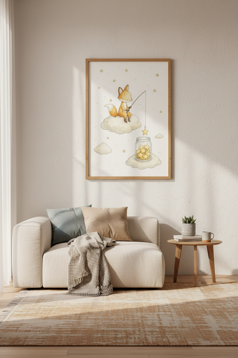 Fox Fishing for Stars Wall Art | Nursery Decor | Whimsical Watercolor Poster