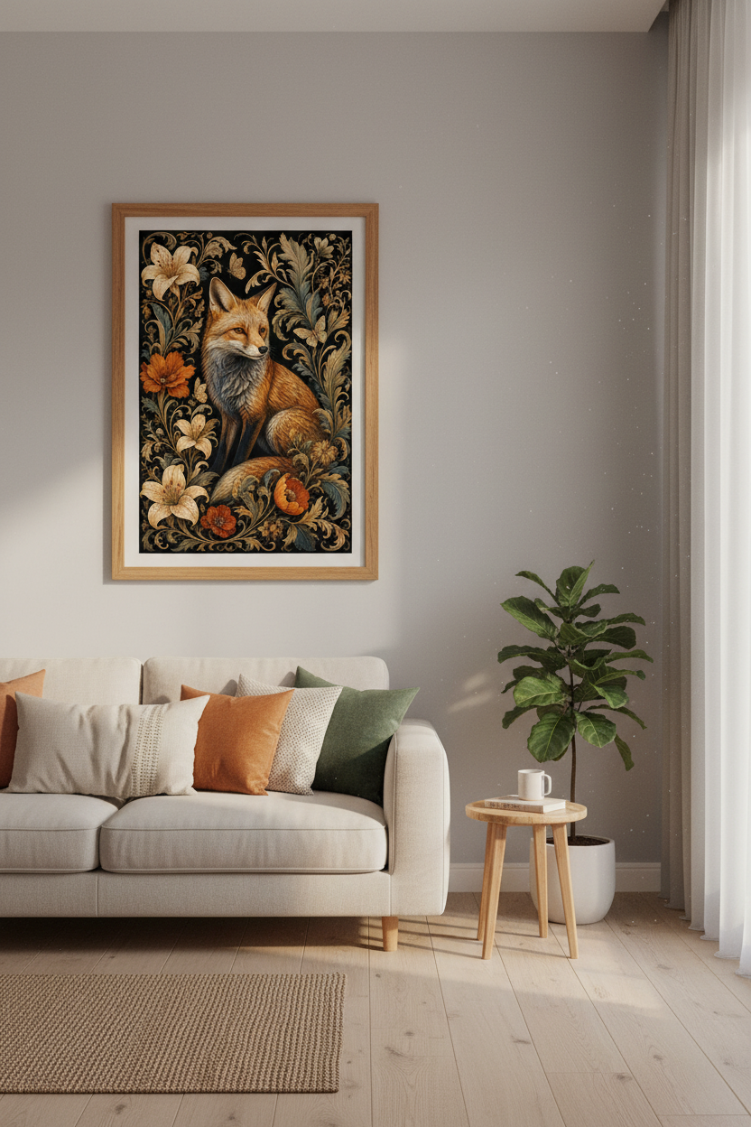 Red Fox Floral Wall Art Print | Ornate Botanical Decor | Dark Academia Poster