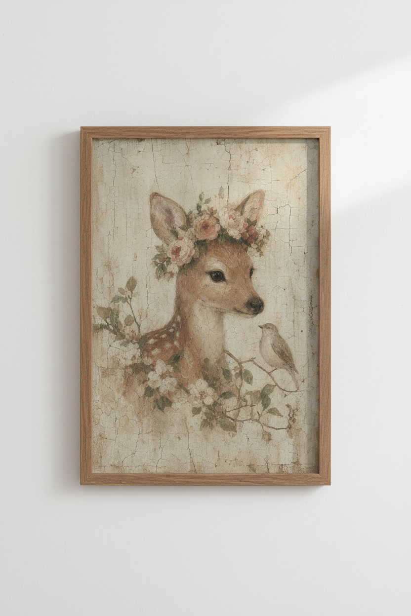 Vintage Deer &amp; Bird Wall Art | Nursery Decor | Cottagecore Floral Fawn Poster