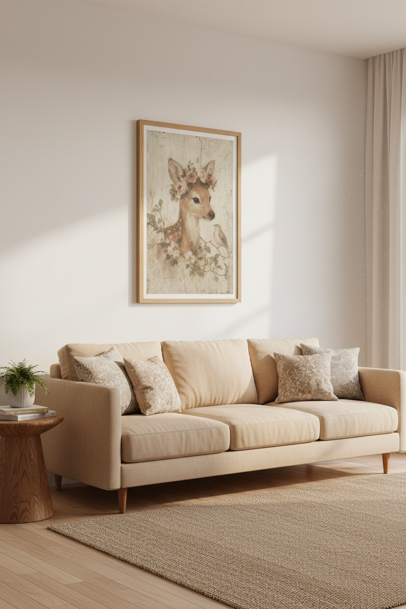 Vintage Deer &amp; Bird Wall Art | Nursery Decor | Cottagecore Floral Fawn Poster