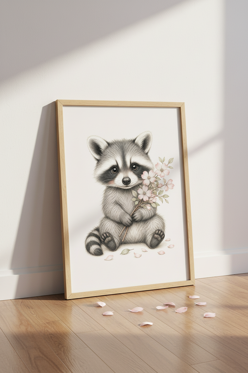 Baby Raccoon Wall Art Print | Woodland Nursery Decor | Cute Animal Pink Floral Poster