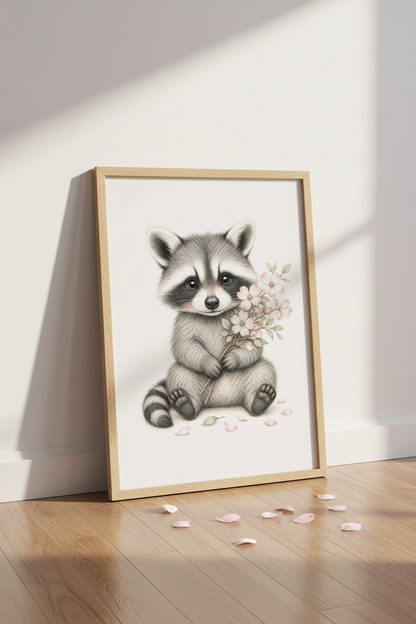 Baby Raccoon Wall Art Print | Woodland Nursery Decor | Cute Animal Pink Floral Poster