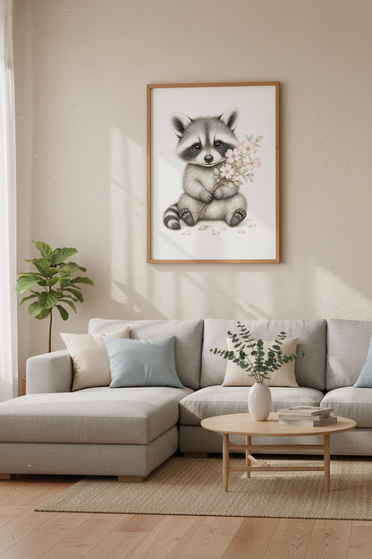 Baby Raccoon Wall Art Print | Woodland Nursery Decor | Cute Animal Pink Floral Poster