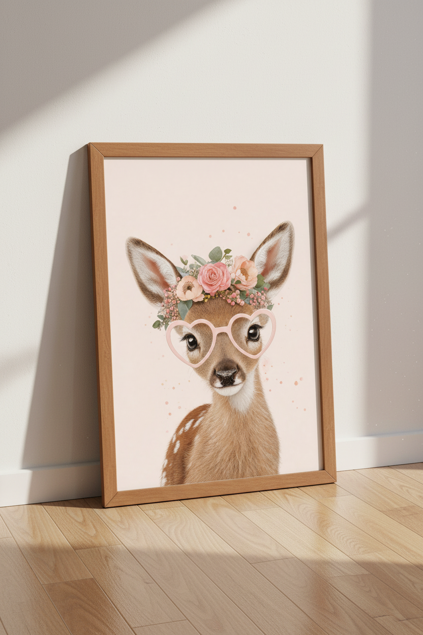 Baby Deer with Heart Glasses Wall Art | Pink Floral Fawn Poster, Nursery Decor