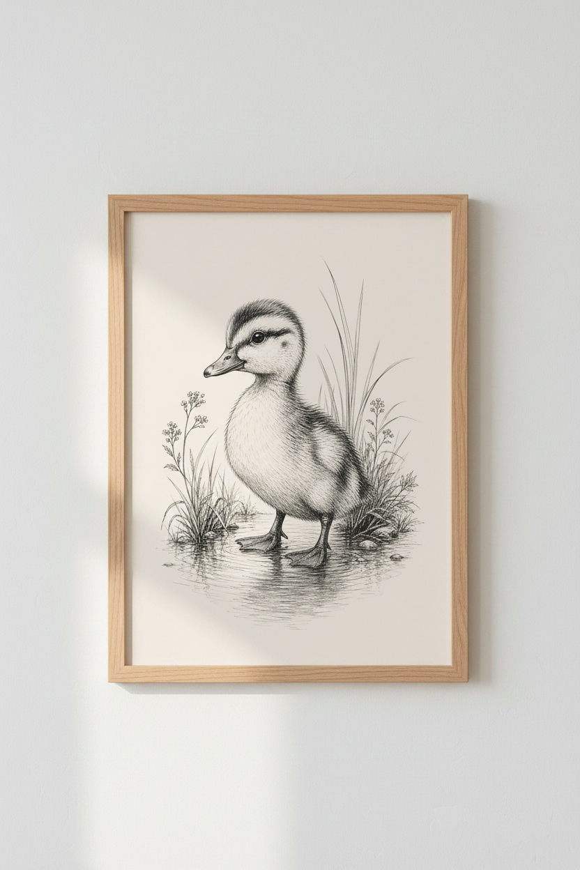 Duckling Sketch Wall Art | Vintage Ink Drawing, Nursery &amp; Farmhouse Decor