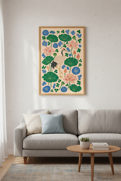 Japanese Crane &amp; Lotus Wall Art | Emerald &amp; Blue Asian Floral Poster | Zen Home Decor
