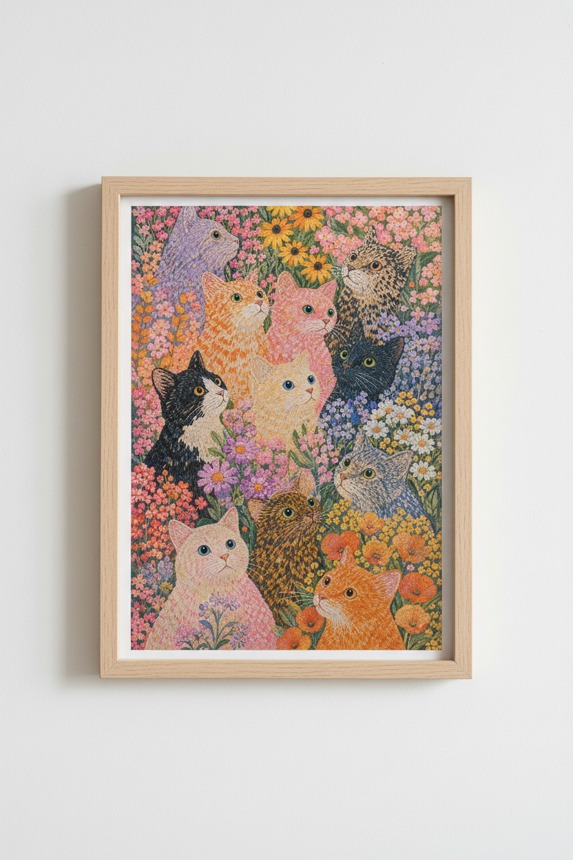 Cat and Flowers Print | Colorful Feline Floral Art, Whimsical Pet Nursery Decor