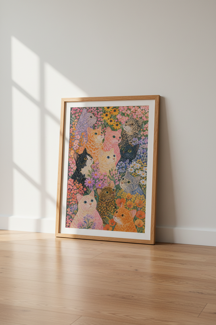 Cat and Flowers Print | Colorful Feline Floral Art, Whimsical Pet Nursery Decor