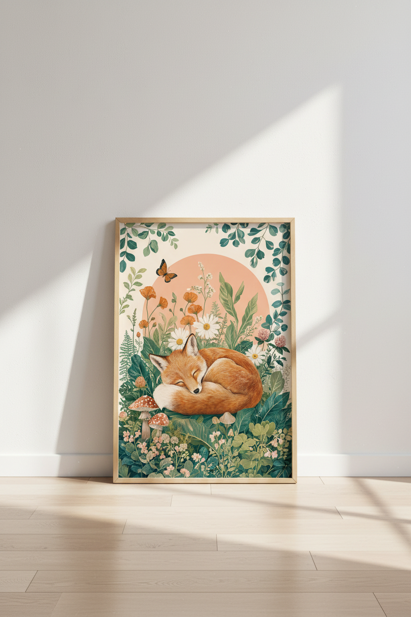 Sleeping Fox | Woodland Botanical Art Print, Nursery &amp; Cottagecore Wall Decor
