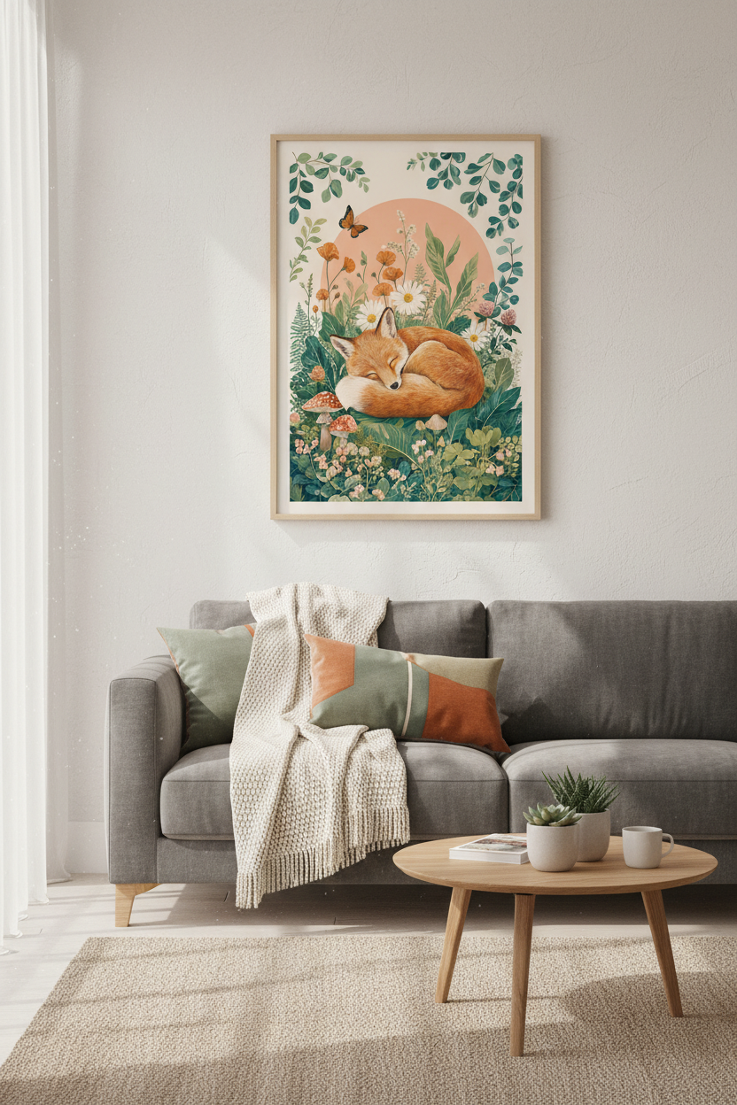 Sleeping Fox | Woodland Botanical Art Print, Nursery &amp; Cottagecore Wall Decor