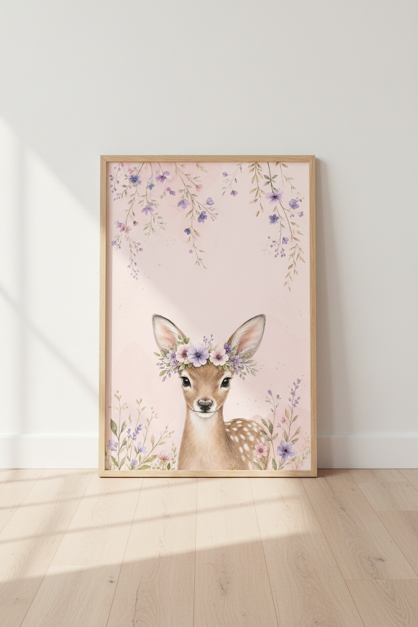 Woodland Baby Deer Wall Art | Pink Watercolor Floral Nursery Decor | Fawn Poster