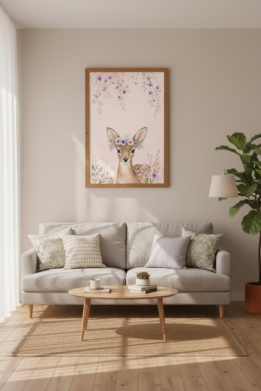 Woodland Baby Deer Wall Art | Pink Watercolor Floral Nursery Decor | Fawn Poster
