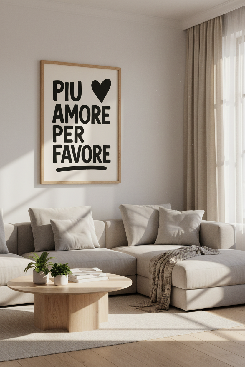 Italian Quote Wall Art Print | Piu Amore Per Favore, Minimalist Black and White Poster