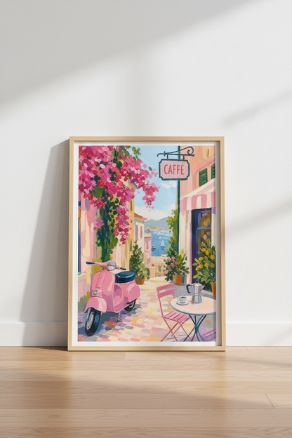 Italian Summer Wall Art Print | Mediterranean Cafe Decor | Pink Vespa Poster